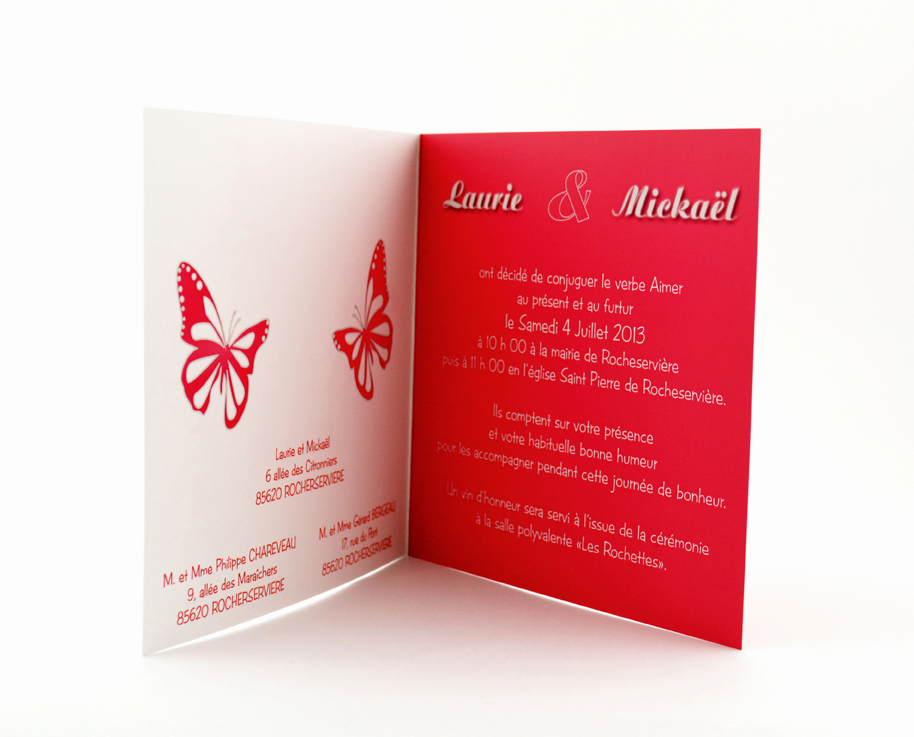 faire part mariage chic papillon rouge personnalisé impression direct – imprimeur vendée
