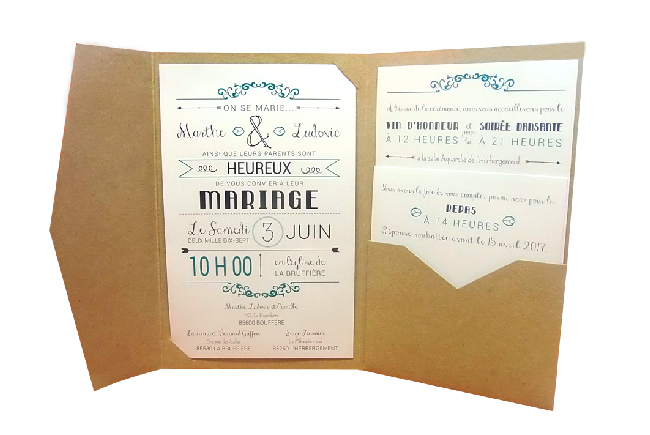 faire part mariage kraft enveloppe bleu personnalisé impression direct – imprimeur vendée