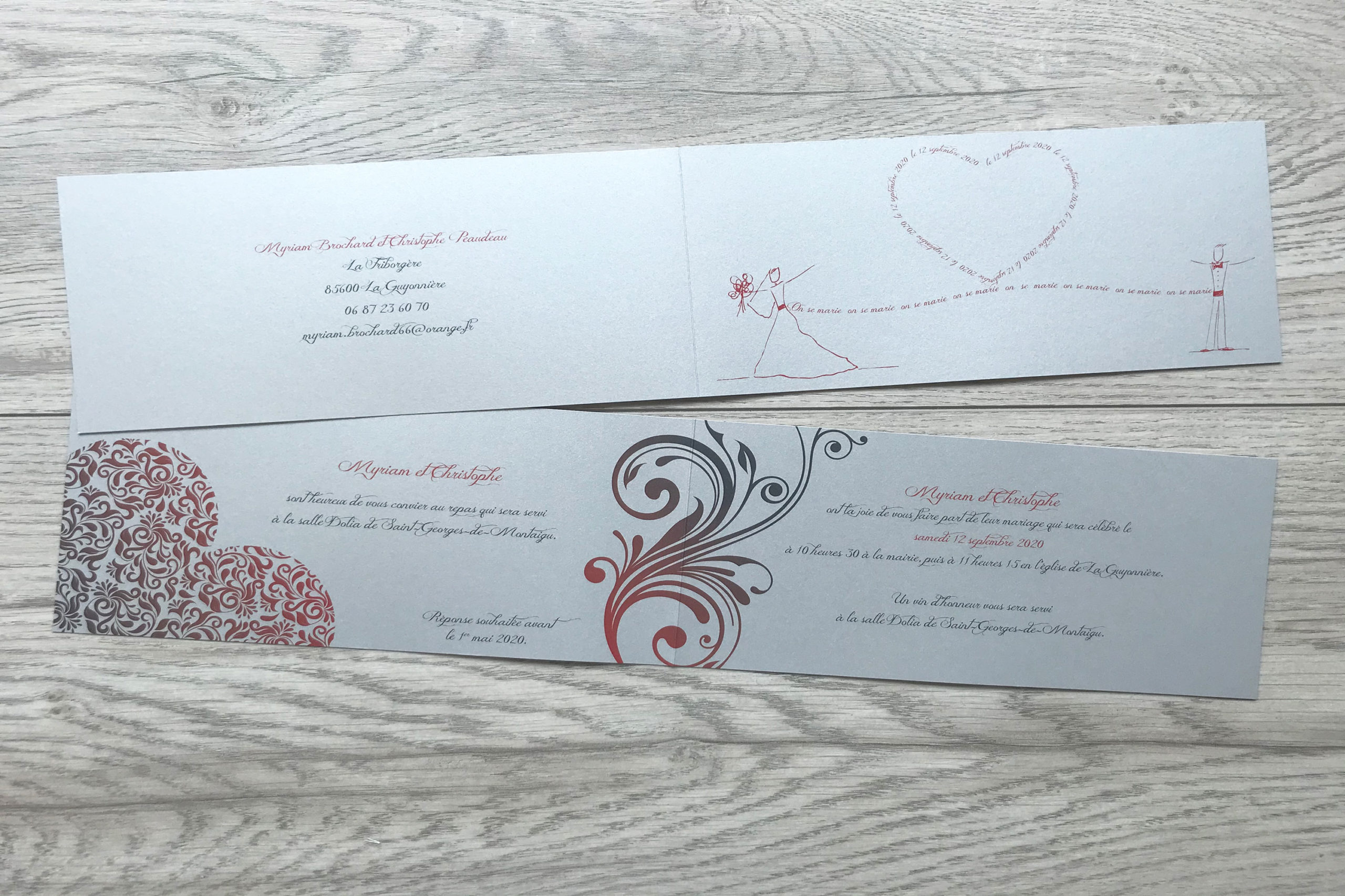 Faire Part Mariage Chic Argente Coeur Rouge Personnalise Impression Direct